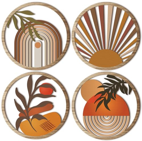 Qunclay 4 Pcs Boho Wall Art Bohemian Wooden Round Circle Wall Decor Hollow out Hanging Farmhouse Aesthetic for Bedroom Living Room Bathroom Bedroom Bathroom Patio Apartment Gift 10 Inch(Stylish)