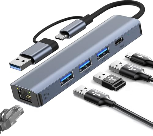 Adattatore USB Ethernet, Adattatore USB-C a Ethernet RJ45 Gigabit 1000Mbps,Hub ethernet LAN con 3 Porte usb 3.0 e 1 Porte tipo C per i-Phone 15/16/iPad/Windows XP/Chromebook/MAC/Linux