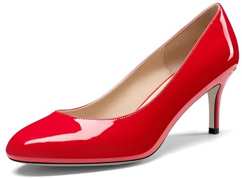 NobleOnly Femmes Fermé Rond Bout Mi Kitten Talon Heel Slip-on Bureau Escarpins Dress Décontracté Classique Chaussures 6.5 CM Heels Rouge 37 EU