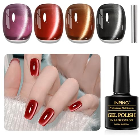 INPING Smalto Semipermanente Unghie Magnetico, 4 Colori Viola Rosso Marrone Nero Smalto Unghie Cat Eye Smalti Semipermanenti per Unghie con Magnete, Soak Off UV/LED Nail Art Gel Unghie Set, 8 ML