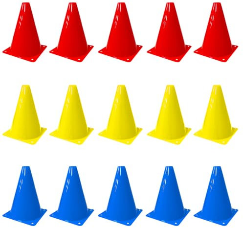 Ksvaye 15 Pièces Cone Plastique Souple Plot Sport 18cm Cone de Signalisation Plastique Cônes de Marquage de l'espace 3 Couleur Plots Entrainement Guidage Cônes pour Sports, Jeux