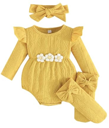 Kunyeah 3Pcs Bebé Niña Trajes Mono de manga larga con volantes para bebé + cinta para el pelo con lazo + calcetines Mono de flores para recién nacido (Amarillo, 6-9 Meses)