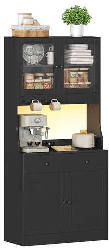 Küchenschrank mit Arbeitsfläche, Buffetschrank mit Schublade, Sideboard mit LED, Steckdose, Glasschranktür, Verstellbare Ablagen, Küche, Wohnzimmer, Esszimmer, Schwarz