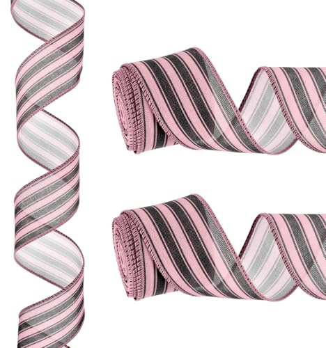 PATIKIL 12 meter x 5 cm randigt band, rosa och svart trådbundet band linne presentförpackningsband för julhantverk födelsedag bröllop festival krans