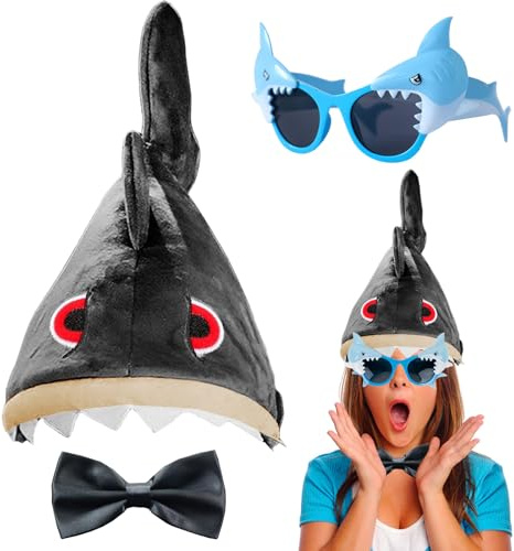 LUKIUP Set di 3 cappelli a forma di squalo per occhiali, costume da squalo, divertente copricapo, cappelli di squalo, simpatici, occhiali divertenti, mosche, per carnevale, Halloween, motto feste