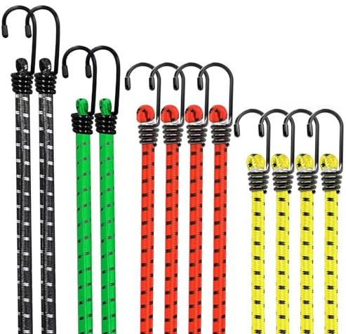 Bungee Cords with Hooks Heavy Duty 35kg – 12 Pack Elastic Tie Down Straps for Tarps, Trailers, Bikes, Camping, Garden & Home Organisation