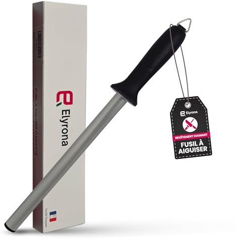 Elyrona - Fusil a aiguiser diamant professionnel 25 cm - aiguiseur couteaux pro - affuteur de couteaux plus efficace que pierre a aiguiser - fusil diamant compatible tous couteaux de cuisine