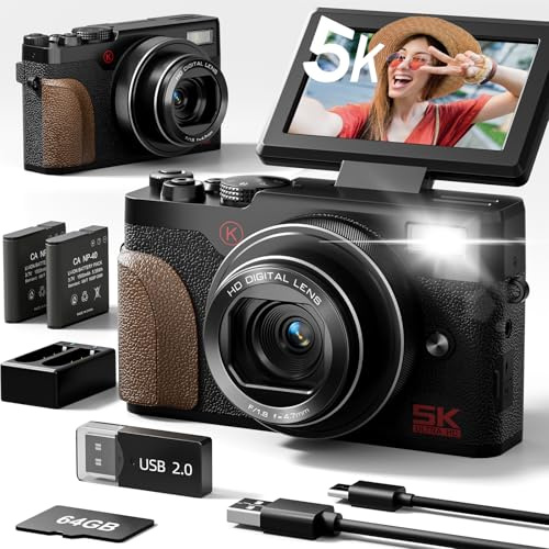 NBD Fotocamere 5K Vlogging Autofocus, 64MP Fotocamere Digitali per Fotografia, Zoom 18X Fotocamera da Viaggio con Anti-Shake, 2 Batterie, Scheda SD da 32 GB (nero)