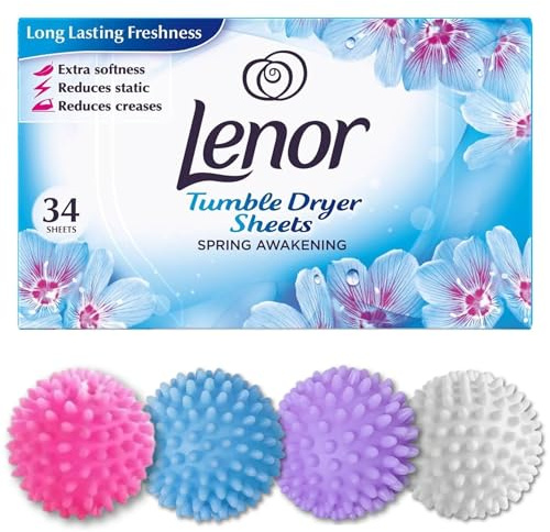 Lenor Dryer Sheets (34) + 4 Reusable Balls – Soft, Fresh, Static-Free Laundry