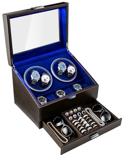 Mcbazel Caja Giratoria para 4 Relojes con 6 Compartimentos de Almacenamiento, Luz LED Ambiental Azul, Motor Ultra Silencioso, 4 Modos de Rotación, Parada Automática al Abrir – Marrón