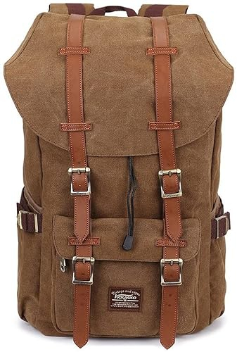 KAUKKO Unisex Canvas Rucksack im Vintage-Look mit Leder-Riemen als Schulrucksack, zum Wandern, Einkaufen, Reisen, Camping und für die Verwendung im Alltag,brown,L