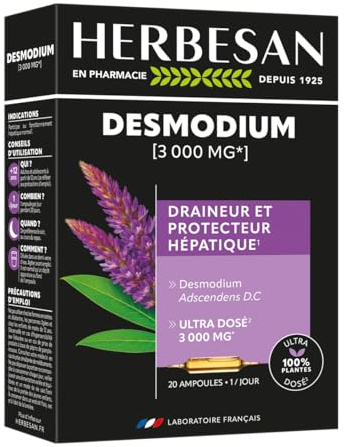 Desmodium 3000mg - Détox Foie, Soutien Hépatique - Ampoules | Cure 20 ampoules de 10 ml - 20 jours - Bien-être du Foie - Vegan - Fabrication Française - Herbesan