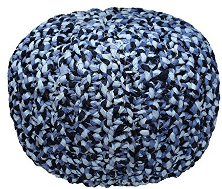 MystiqueDecors Large Blue Hand Knitted Pouf Ottoman Cotton Braided Round Floor Comfortable Seat Beanbag Footstool - 20 X 16