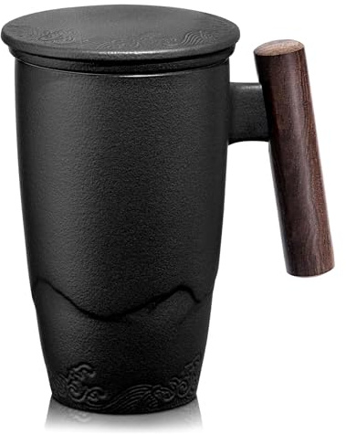 suyika Tomotime Ceramic Tea Cup with Infuser and Lid Tea Mugs Wooden Handle 400ml/13.5oz Black
