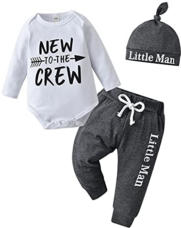 Tinykeke Newborn Baby Boy Clothes Infant Long Sleeve Romper New to The Crew Tops + Hat +Pants 3pcs Outfits Sets (3-6 Months) White and Dark Grey