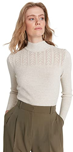 Trendyol Pull Slim ajouré à col Montant Maillot de survêtement, Gris, S Femme