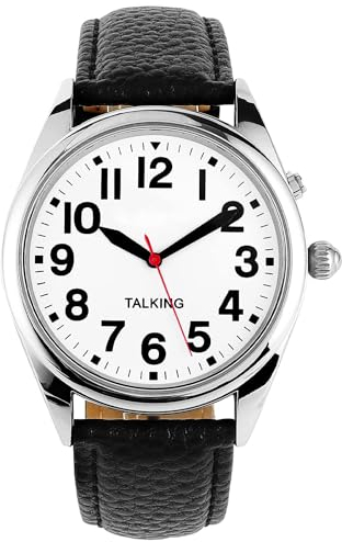 English Talking Watch, Mens Wrist Watch for The Blind Visually Impaired Elderly Man Black Leather Strap White Dial with Alarm of Quartz ¡
