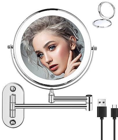 jutyum Vergrößerung LED Beleuchtung Kosmetikspiegel Rasierspiegel 360° Drehbar Wandmontage Schminkspiegel für Badezimmer mit 1X/ 10X Beleuchtung Spiegel Vergrößerung mit Beleuchtung 3 Farben Lichtern