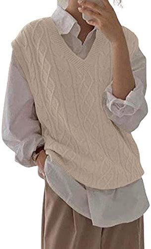 Tongmingyun Pullunder Damen Ärmellos V-Ausschnitt Strickweste Oversize Pullover Strickpullover Strickpulli Casual Damen Herbst Pullover Mode Feinstrick Strickweste Beige L