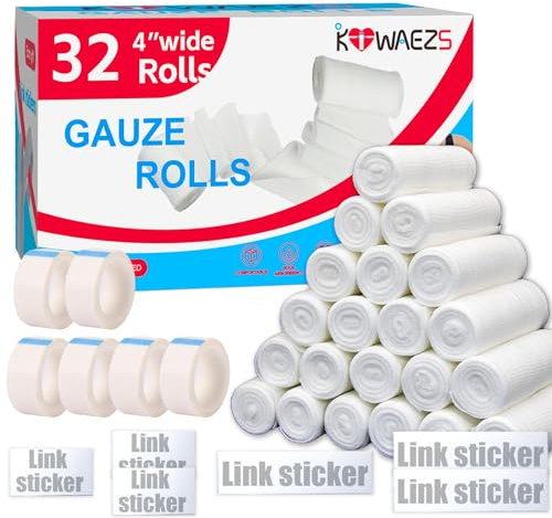 KIWAEZS 32 Pack Gauze Rolls Bandages 4 ” x 4.1 yd Premium Quality Lint and Latex-Free Conforming Stretch Designed for Effective Wound Care for Wound Dressing Support (Individually Packed)