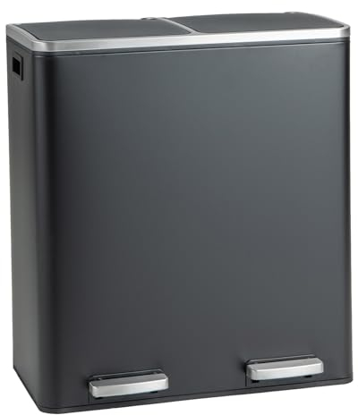 COSTWAY 60L Double Rubbish Bin, 2 x 30L Stainless Steel Recycle Pedal Kitchen Bin with Dual Removable Buckets, Soft Closure Flat Lid & 2 Handles, Airtight Waste Separation System (Black)