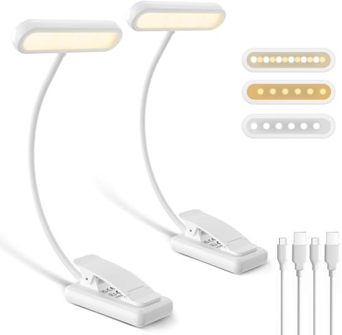 iFalarila Uppladdningsbar läslampa i 2 delar med typ-C-kabel, 12 LED läslampa med klämma [3 färger och 10 ljusstyrkor] Liten svanhals flexibel sängklämma Boklampor för barn