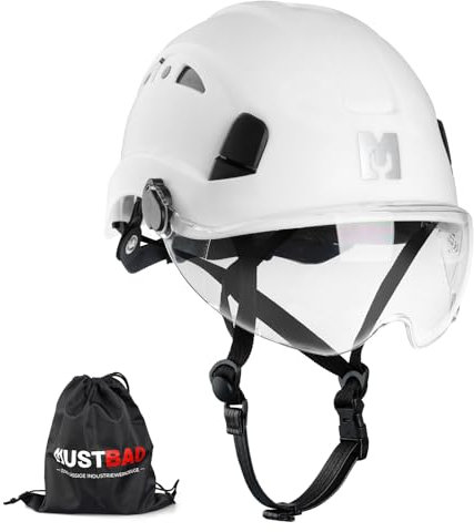 Mustbau Elmetto rigido di sicurezza da arrampicata con visiera trasparente e sottogola 53-63 cm, ideale per costruttori e lavori in altezza, EN12492 (bianco)