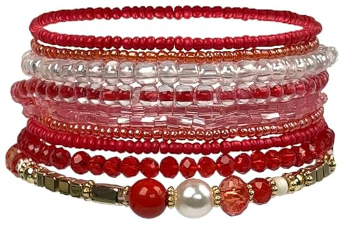 APMGONT Bohemian Beaded Multi-Layer Bracelets Stackable Stretch Strand Crystal Beaded Bangles Set Boho Handmade Jewellery Gifts For Women Girls (Red)