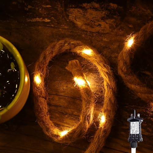 Gresonic Filo di corda di canapa alimentato a rete, 50 LED, 4 m, luce bianca calda, impermeabile, decorazione da giardino per esterni e interni, per gazebo, pergola, Natale, campeggio (bianco caldo