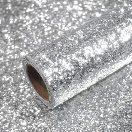 VEELIKE Silver Chunky Glitter Wallpaper Peel and Stick Silver Sparkle Wallpaper for Bedroom Wall Coverings Self Adhesive Glitter Contact Paper for Furniture Removable Glitter Fabric Roll 40cm x 300cm