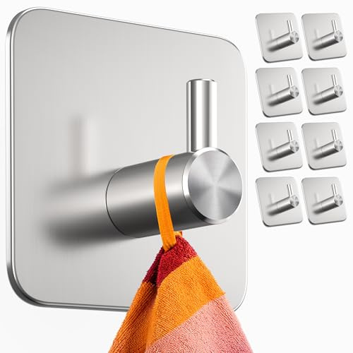 Menz Handtuchhaken ohne Bohren, 8er Pack – Extra starke Handtuchhalter ohne Bohren, Klebehaken Edelstahl, Haken selbstklebend mit wasserfesten Klebepads, Badezimmer Handtuchhalter, Fb. Silber