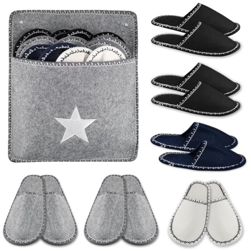 Nisone Juego de 6 Zapatillas para Invitados de Fieltro, Zapatillas Reutilizables con Suela Antideslizante, para Hotel, Casa de Invitados, Viajes, Baño, con Funda