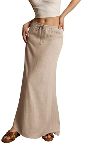 Générique Jupe Longue Femme Été Bohème Coton Lin Plage Vacances Jupes Ankle Maxi Taille Haute Elastique Robe Longue Mi-Corps