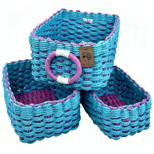 Modern Granny Recycled Paper Rope Storage Baskets (Set of 3) - Handwoven Nesting Organizer Bins for Shelves, Bathroom & Nursery Wicker Decor Box for Closet & Office (Small/Medium/Large) Blue