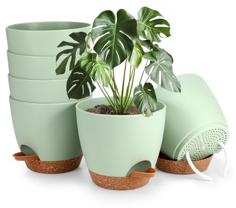GuKKK 6 Packs Blumentopf Selbstbewässernd, 15cm Pflanzentopf mit Bewässerungssystem, Übertopf mit Untersetzer, Blumentöpfe Set Ideal für Innen und Balkongärten (Grün)