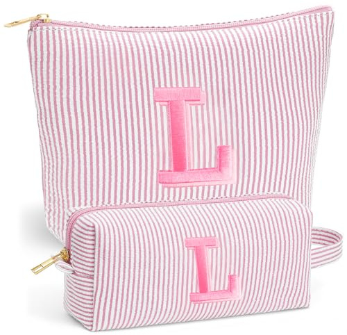 Fohufo Travel Toiletry and Makeup Bag - Travel Essentials for Women, Light Pink Initial Makeup Bags for Hair Ties, Clips, Brushes, Sponges, Lipsticks, Blush, Eyelash Curler, Easy to Carry, Letter L
