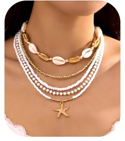 AORHOFJ Collar de conchas en capas para mujer, gargantilla bohemia con colgante, collar playero, collar mujer boho collar cuentas colores collar verano accesorio de moda veraniego