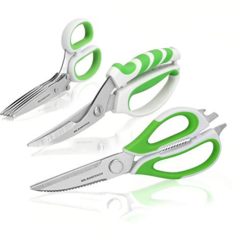 MR. ROBINSON Scheren Set - Allzweckschere Küchenschere mit vielen Funktionen - Kräuterschere mit 5fach Klinge - Geflügelschere mit Knochenbrecher - Hochwertiges Scherenset auch für Linkshänder