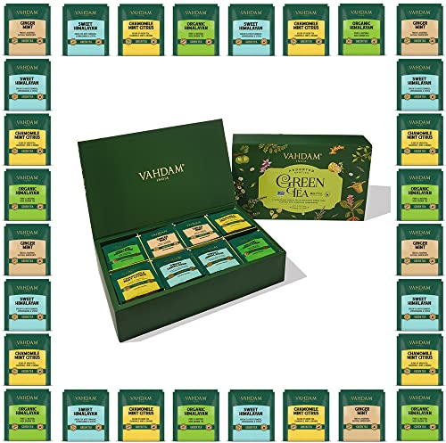 VAHDAM, Coffret Cadeau Assortiment De Thé Vert (6 Saveurs, 36 Sachets Pyramidaux) Boîte D'Infusion De Thé Avec Mélanges De Thé Vert en Pyramide à Longues Feuilles | Cadeau pour Femme et Homme