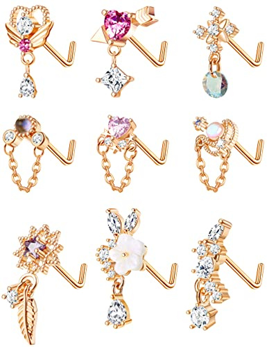 Kakonia 9 Stück 20G Baumeln Nasenpiercing Schmuck für Damen 316L Edelstahl Nasenpiercing Stecker Herz Pfeil Feder Schneeflocke Flügel CZ Dangling Nase Piercing Schmuck