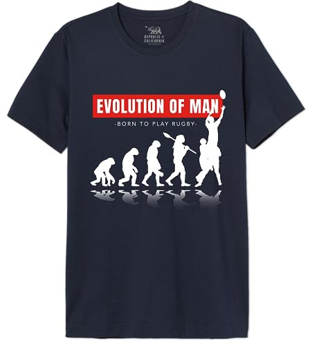 Republic of California Evolution of Rugby imprimée T-Shirt Homme Tee-Shirt Mode Casual Été Confortable à Manches Courtes et col Rond en Respirant Coton,Navy_Taille Small