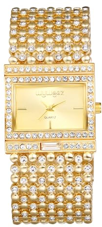 JewelryWe Damenuhr Glitzer Rechteckig Uhr: Damen Bling Strass Analog Quarz Armbanduhr Frauen Gold Breit Metallarmband Armreif Lässige Diamant Spangenuhr mit Eckigem Zifferblatt