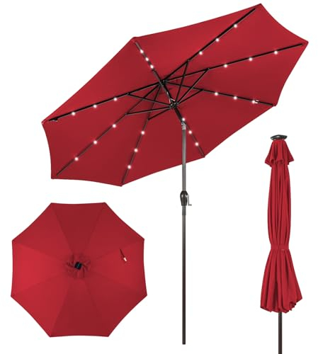 KOMFOTTEU Parasol de 300 cm avec LED, pliable, avec manivelle, 8 baleines, protection solaire, parasol de marché, pour jardin, balcon, rouge bordeaux, grand