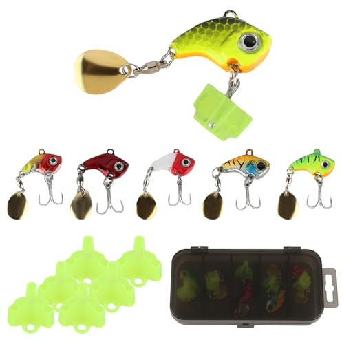 6 Stück Jig Spinner, Angelköder Set mit 1 Box und 6 Fischhakenschutz, 10g Spinnerbait Wobble Oberfläche Köder Künstlicher Köder für Barsch, Forelle, Hecht, Zander, Wels, Döbel