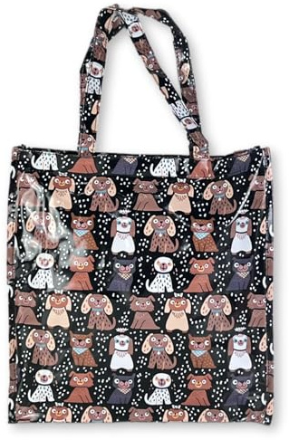 BOGACI Borsa Donna Ragazza Shopper In Plastica Busta Spesa Casual Universale Fantasia Gattini Cagnolini (Fantasia C.2 Nero)