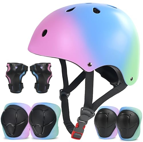 LANOVAGEAR Casque pour Enfants avec genouillères, Coudières et Protège-Poignets, Sets de Protection Rollers avec Casque Vélo Enfant Réglable pour Skateboard Cyclisme (Rose Bleu Vert, S)