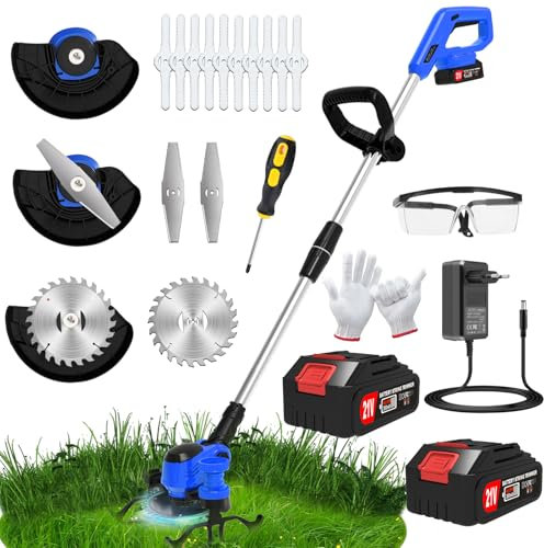 Desbrozadora inalámbrica de 21 V, desbrozadora de jardín ligera con 2 baterías y 13 cuchillas y ruedas extraíbles, desbrozadora eléctrica de altura ajustable para jardines y césped