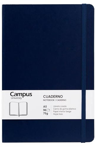 Campus - Carnet de Notes A5, Bullet Journal à Feuilles Unies, Carnet à Couverture Rigide, Carnet Bleu Marine 96 Feuilles de 75g, Fermeture Élastique, Pochette et Marque-Page (A5, Uni, Bleu Marine)