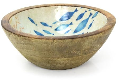 Carousel Home Nautical Wooden Enamel Bowl | Sealife Enamelled Snack Dish | Ocean Design Wood Picnic Nibbles Bowl - 17cm ~ One Supplied