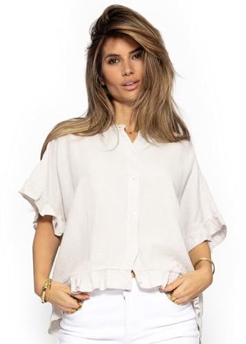 SASSYCLASSY Halvärm blus damer – volangblus – muslinblus kortärmad v-ringad – damblusar ljusbeige rosa – blusskjorta – skjortblus – skjorta sommar elegant – luftig sommarblus S M L, Ljusbeige, S